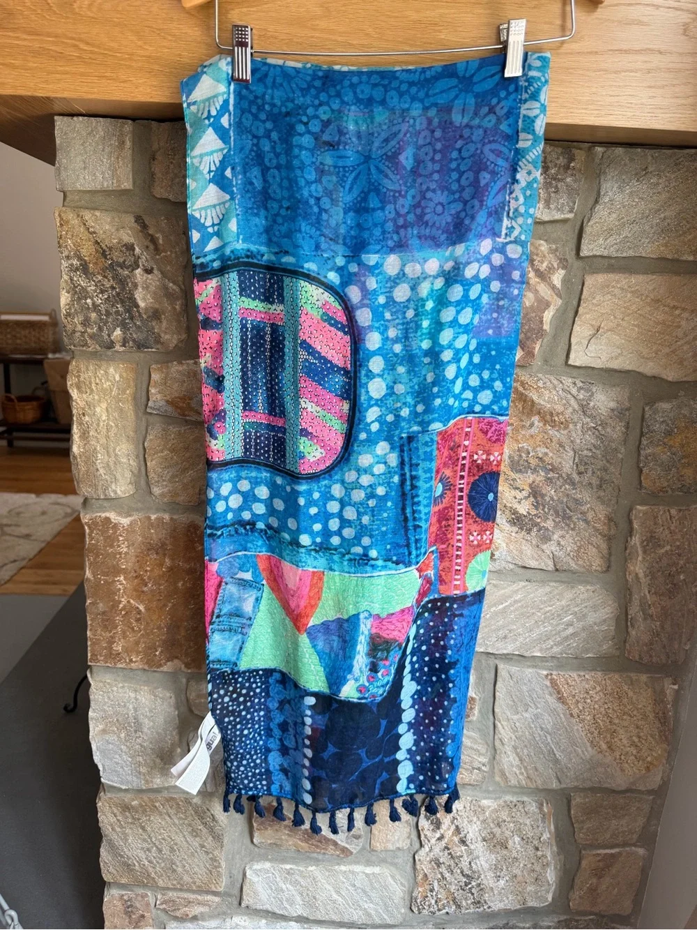 Desigual Blue Patchwork Tassel Scarf | Lightweight Colorful Wrap Shawl